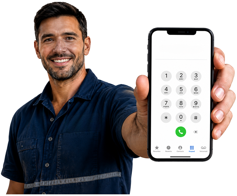 Homebush West Blocked Drains plumber holding a phone — call 1300 261 965