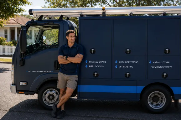 Plumber standing beside a service van in Homebush West