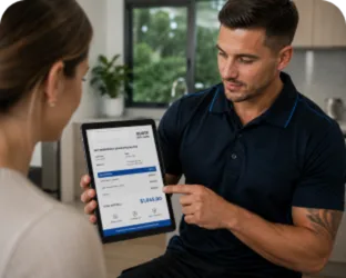 Plumber explaining a service estimate in Homebush West