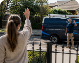 Customer waving goodbye to a Homebush West Blocked Drains plumber